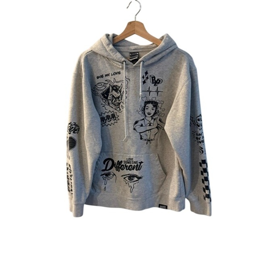 Broken Promises Hoodie Mens Large Gray Excellent Tattoo Graphic Streetwear